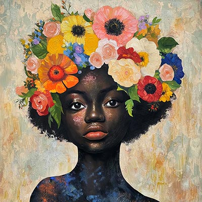 Frau mit Blumen - Wandbild im Stil eines Gemäldes auf Leinwand, Acrylglas, Alu-Dibond oder als Poster