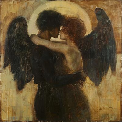 Dunkle Umarmung - Eine Frau in der Umarmung eines dunklen schwarzen Engels, hochwertiger Kunstdruck auf Leinwand, Acrylglas, Alu-Dibond oder als Poster