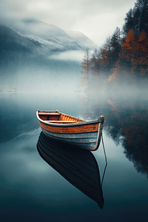 Einsames Boot - modernes Wandbild im Stil eines Gemäldes als Kunstdruck auf Leinwand, Acrylglas, Alu-Dibond oder als Poster