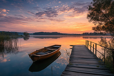 Einsames Boot im Abendrot Martimer Kunstdruck auf Leinwand, Acrylglas oder als Poster