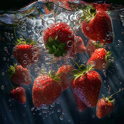 Erdbeer Splash - Erdbeeren die in Wasser eintauchen, hochwertiges Wandbild auf Leinwand, Acrylglas, Alu-Dibond oder als Poster