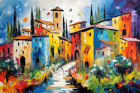 Farbenfrohe Toskana Martimer Kunstdruck auf Leinwand, Acrylglas oder als Poster