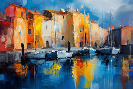 Fischerdorf - Wandbild im Stil eines Gemäldes auf Leinwand, Acrylglas, Alu-Dibond oder als Poster