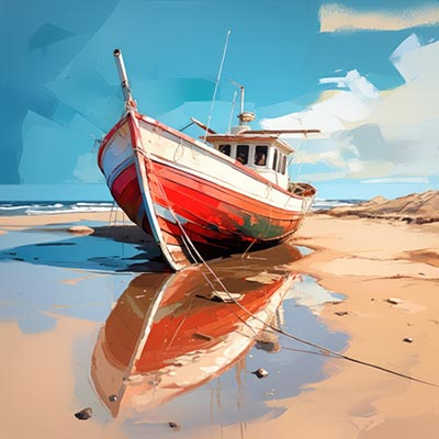 Fischerboot am Strand - modernes Wandbild im Stil eines Gemäldes als Kunstdruck auf Leinwand, Acrylglas, Alu-Dibond oder als Poster