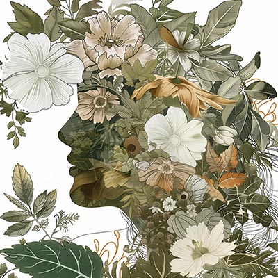 Florales Gesicht - Modernes Wandbild von Menschen mit bunten Regenschirmen im Stil eines Gemäldes als Kunstdruck auf Leinwand, Acrylglas, Alu-Dibond oder als Poster