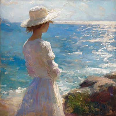 Frau am Meer - Wandbild im Stil eines Gemäldes auf Leinwand, Acrylglas, Alu-Dibond oder als Poster