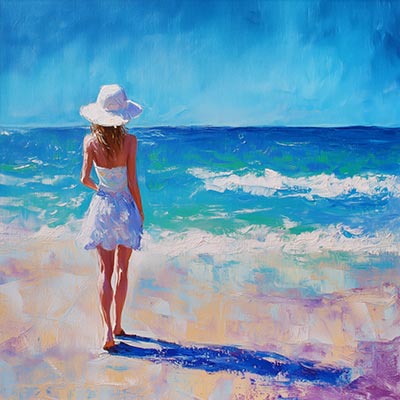 Frau am Strand - Wandbild im Stil eines Gemäldes auf Leinwand, Acrylglas, Alu-Dibond oder als Poster