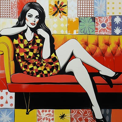 Frau auf rotem Sofa - Wandbild im Stil eines Gemäldes auf Leinwand, Acrylglas, Alu-Dibond oder als Poster