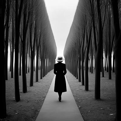 Frau auf einer einsamen Allee - Wandbild auf Leinwand, Acrylglas, Alu-Dibond oder als Poster