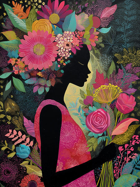 Schwarze Silhouette zwischen Blumen - Florales Gemälde Kunstdruck auf Leinwand, Acrylglas oder als Poster