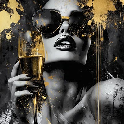 Frau mit Champagnerglas, Glamour Luxus Pop Art Wandbild im Stil eines Gemäldes auf Leinwand, Acrylglas, Alu-Dibond oder als Poster