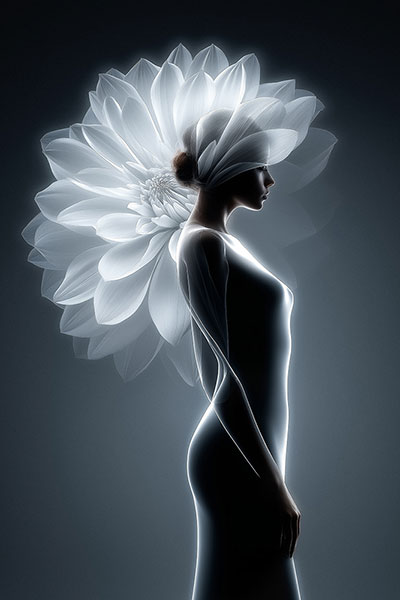 Frau mit Dahlie Martimer Kunstdruck auf Leinwand, Acrylglas oder als Poster