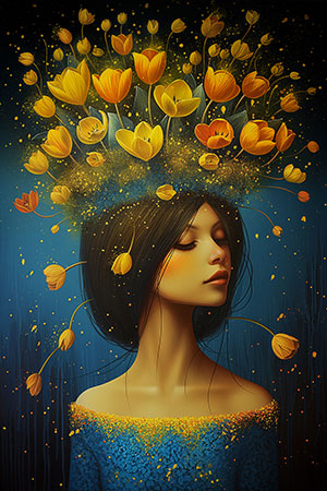 Frau mit gelben Tulpen - Wandbild im Stil eines Gemäldes auf Leinwand, Acrylglas, Alu-Dibond oder als Poster