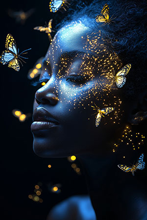 Frau mit Schmetterlingen - Wandbild im Stil eines Gemäldes auf Leinwand, Acrylglas, Alu-Dibond oder als Poster