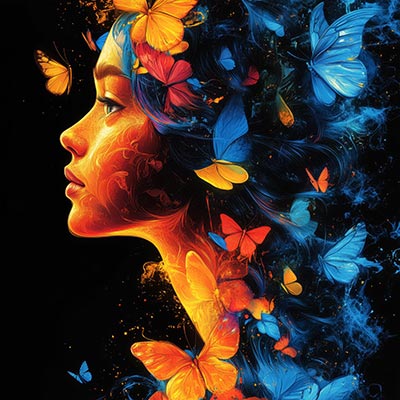 Frau mit Schmetterlingen - London Impression im Stil einer kreativen Fotografie auf Leinwand, Acrylglas, Alu-Dibond oder als Poster