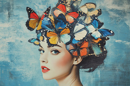 Frau mit Schmetterlingen - London Impression im Stil einer kreativen Fotografie auf Leinwand, Acrylglas, Alu-Dibond oder als Poster