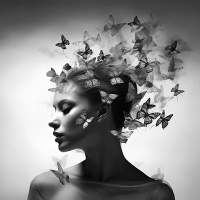 Frau mit Schmetterlingen - fotorealistisches Bild auf Leinwand, Acrylglas, Alu-Dibond oder als Poster