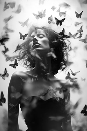 Frau mit Schmetterlingen in schwarzweiß - modernes digitales Gemälde Wandbild auf Leinwand oder Acrylglas