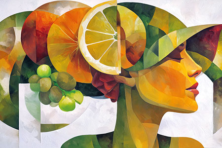 Frau mit Hut aus Früchten Gemälde Kunstdruck auf Leinwand, Acrylglas oder als Poster