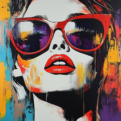 Frau mit roter Sonnenbrille - Pop Art Wandbild Kunstdruck auf Leinwand, Acrylglas, Alu-Dibond oder als Poster