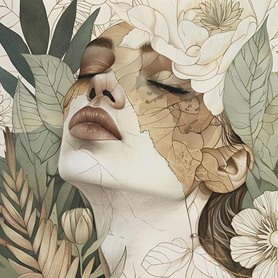 Blätterfee - Ein Frauengesicht zwischen Blättern im Stil einer kunstvollen Illustration auf Leinwand, Acrylglas, Alu-Dibond oder als Poster