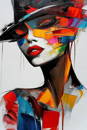 Frau mit Hut - Modernes abstraktes Gemäldes eines weiblichen Porträts auf Leinwand, Acrylglas, Alu-Dibond oder als Poster