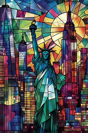 New York Glasmalerei - Modernes Wandbild von Menschen mit bunten Regenschirmen im Stil eines Gemäldes als Kunstdruck auf Leinwand, Acrylglas, Alu-Dibond oder als Poster