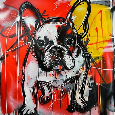 Französische Bulldogge Streetart - Wandbild im Stil eines Graffitis auf Leinwand, Acrylglas, Alu-Dibond oder als Poster