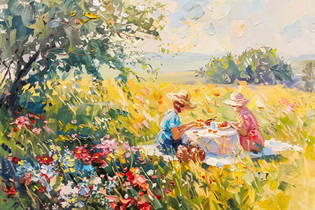 Picknick auf einer Frühlingswiese - Impressionistisches Gemälde als Kunstdruck auf Leinwand, Acrylglas, Alu-Dibond oder als Poster
