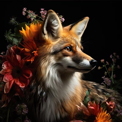 Fuchs mit Blumen - modernes Wandbild im Stil eines Gemäldes als Kunstdruck auf Leinwand, Acrylglas, Alu-Dibond oder als Poster