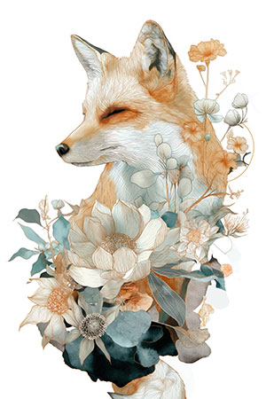 Ein verträumter Fuchs umgeben von floralen Aquarell-Elementen – moderne Tierkunst als emotionaler Kunstdruck auf Leinwand, stilvoll und dekorativ zugleich.