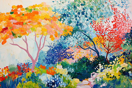 Bunter Garten - Wandbild im Stil eines Gemäldes auf Leinwand, Acrylglas, Alu-Dibond oder als Poster