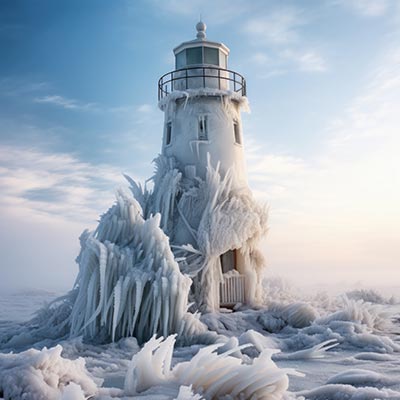 Eisiger Leuchturm - modernes Wandbild im Stil eines Gemäldes als Kunstdruck auf Leinwand, Acrylglas, Alu-Dibond oder als Poster