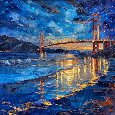 Golden Gate Brücke bei Nacht - fotorealistisches Bild auf Leinwand, Acrylglas, Alu-Dibond oder als Poster