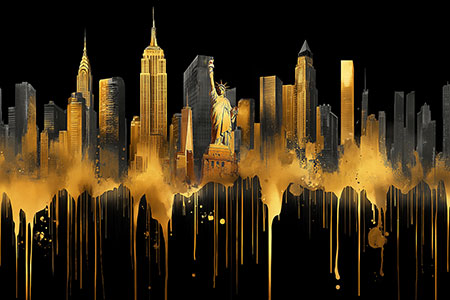 Goldene fantasievolle Skyline von Manhattan auf schwarzem Untergrund. New York Bild auf Leinwand, als Acrylglasbild, auf Alu-Dibond oder als Poster.