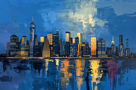 Goldenes Abendlicht spiegelt sich in der Skyline von New York, Gemälde Kunstdruck auf Leinwand, Acrylglas, Alu-Dibond oder als Poster