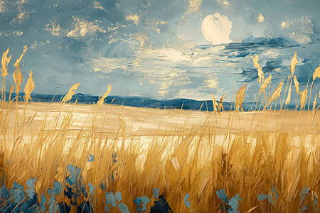 Goldenes Feld - Modernes Wandbild eines abstrakten Feldes mit Getreide im Stil eines Gemäldes als Kunstdruck auf Leinwand, Acrylglas, Alu-Dibond oder als Poster