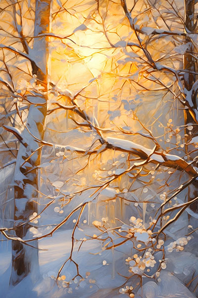Goldenes Sonnenlicht im Winterwald Martimer Kunstdruck auf Leinwand, Acrylglas oder als Poster