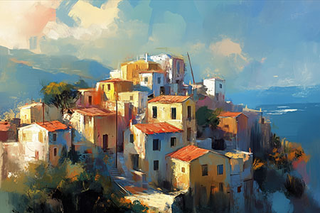 Griechisches Bergdorf - Wandbild im Stil eines Gemäldes auf Leinwand, Acrylglas, Alu-Dibond oder als Poster