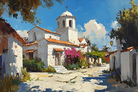 Griechisches Dorf - ein kleines griechisches Dorf mit Kirche im Stil eines Gemäldes auf Leinwand, Acrylglas, Alu-Dibond oder als Poster