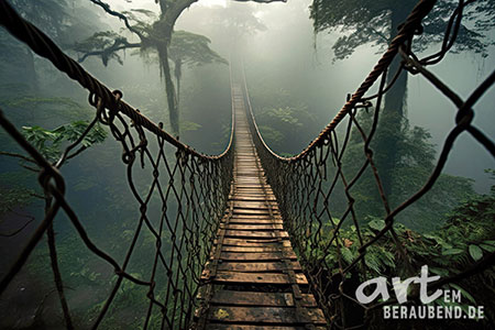 Hängebrücke im Regenwald - modernes Wandbild im Stil eines Gemäldes als Kunstdruck auf Leinwand, Acrylglas, Alu-Dibond oder als Poster