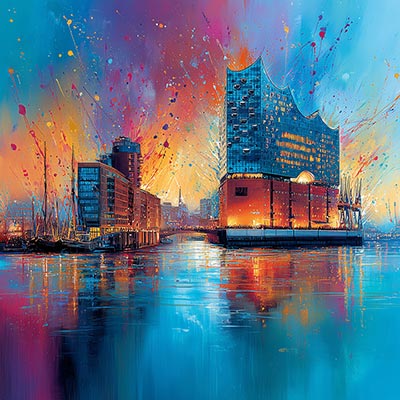 Elbphilharmonie Hamburg Pop Art Gemälde kaufen, hochwertiger Kunstdruck auf Leinwand, Acrylglas, Alu-Dibond, als Poster oder auch Akustikbild.