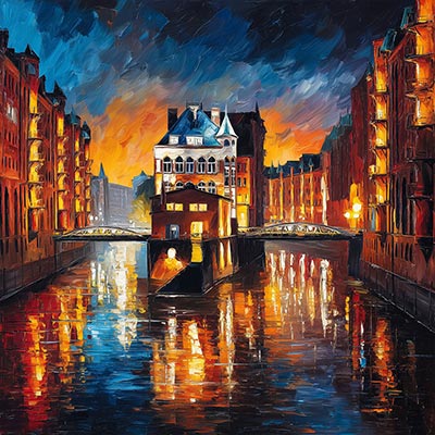 Lichter der Speicherstadt- Hamburg Gemälde als Kunstdruck auf Leinwand, Acrylglas oder als Poster
