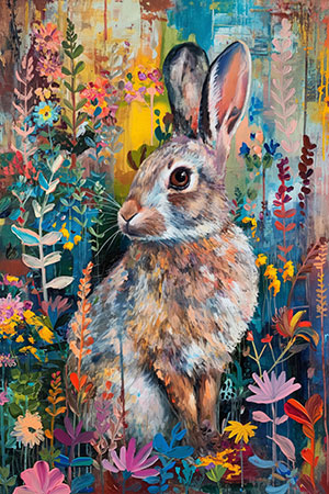 Hasengemälde - Modernes buntes Gemälde eines Hasen auf Leinwand, Acrylglas, Alu-Dibond oder als Poster
