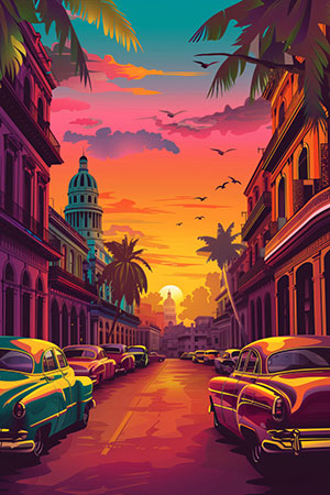 Havanna Sunset - Modernes Wandbild im Stil einer Vektorillustration auf Leinwand, Acrylglas, Alu-Dibond oder als Poster