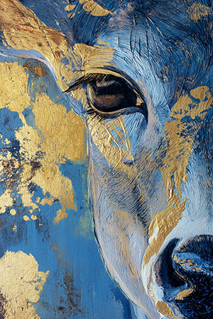 Hirsch in blauen und goldenen Farbtönen, Bild auf Leinwand, als Acrylglasbild, auf Alu-Dibond oder als Poster.