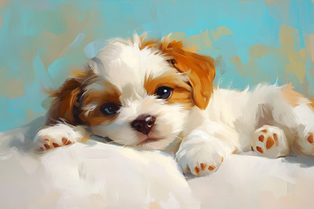 Flauschiger Welpe - Wandbild eines kleinen süßen Hundes im Stil eines Gemäldes auf Leinwand, Acrylglas, Alu-Dibond oder als Poster