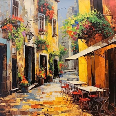 Idyllische Gasse - modernes Wandbild im Stil eines Gemäldes als Kunstdruck auf Leinwand, Acrylglas, Alu-Dibond oder als Poster