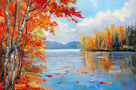 Indian Summer - Herbstliche Seenlandschaft im Stil eines Gemäldes auf Leinwand, Acrylglas, Alu-Dibond oder als Poster