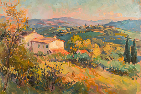 Toskana - Lanschaftsmotiv im Stil eines Gemäldes als Kunstdruck auf Leinwand, Acrylglas, Alu-Dibond oder als Poster